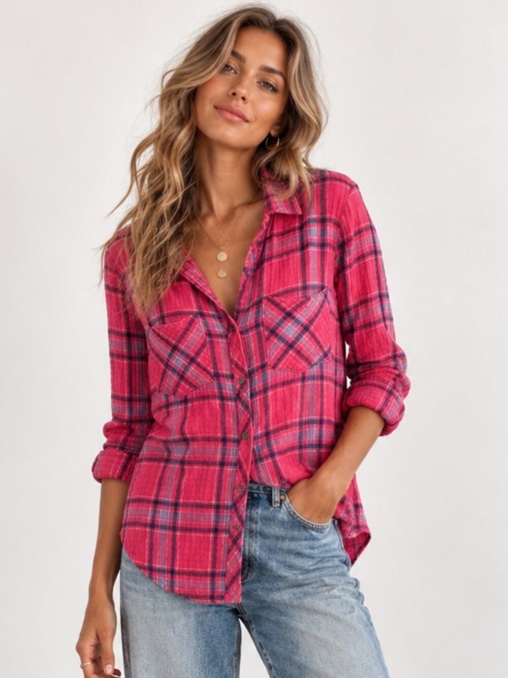 ANTHROPOLOGIE Cloth & Stone Pink Plaid Cotton Gauze Button Down Shirt S EUC